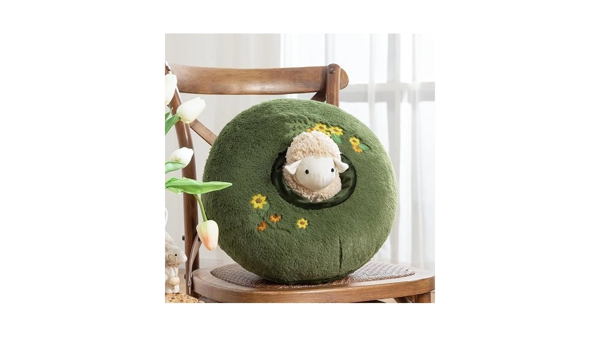 Phantoscope Lamb Throw Pillow, Velvet Hugging Pillow With Floral Embroidery,