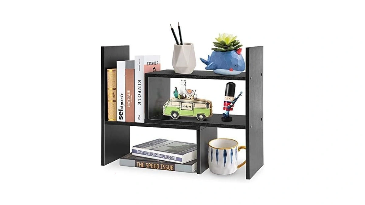 Mmdipon Small Wood Adjustable Desktop Bookshelf, Expandable Storage Rack, Display