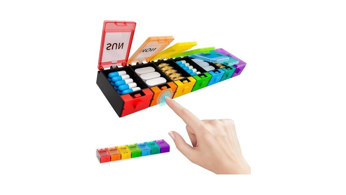 Push Button Weekly Pill Organizer, Medicine Pill Organizer, Pill Box