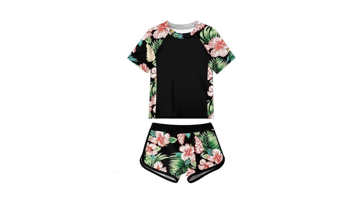 Girls Swimsuit Size 9 10 Short Sleeve 2 Piece Rash