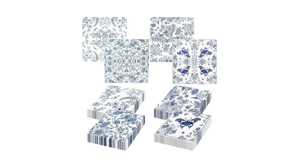 80 Pcs Blue Floral Napkins, Glazeal 2-ply Vintage Disposable Flower