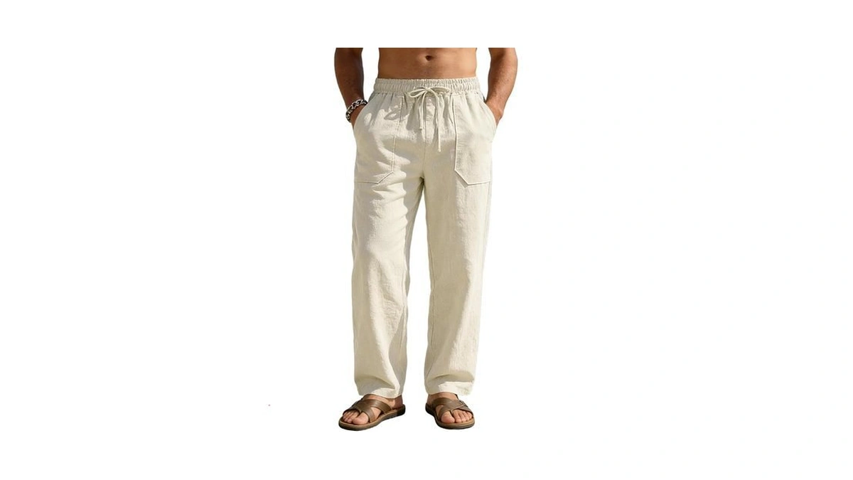 Rqp Mens Cotton Linen Pants Casual Loose Fit Drawstring Summer