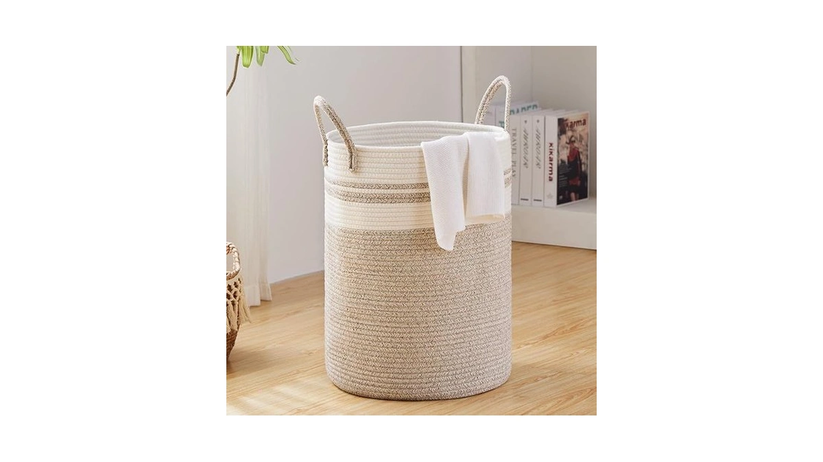 Large Laundry Hamper, Tall Woven Storage Basket For Blankets, Cotton