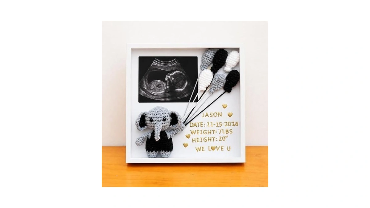 Ultrasound Picture Frame With Handmade Crochet Elephant, Personalized Baby Sonogram