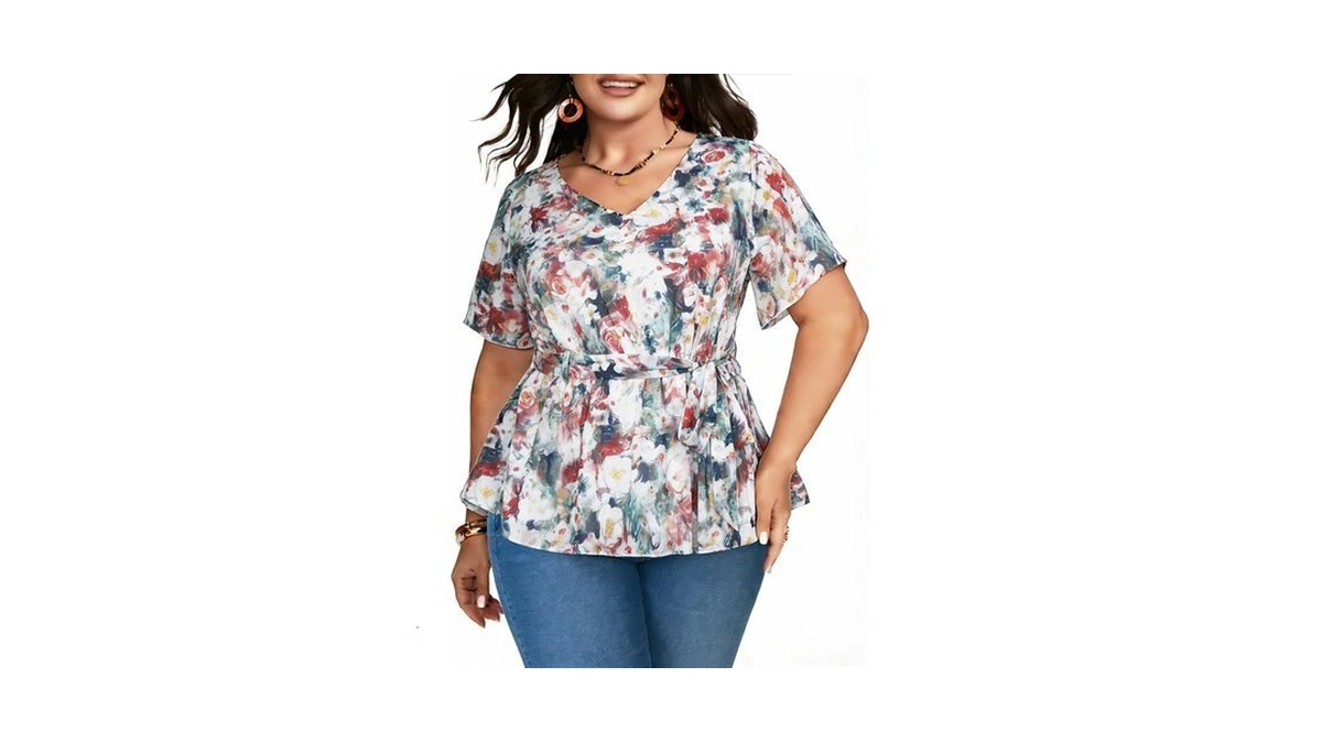 Plus Size Floral Womens Tops Short Sleeve Blouses For Women