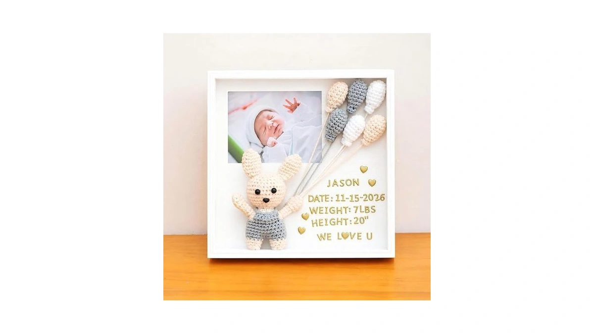 Onzgrow Baby Picture Frame With Handmade Crochet Rabbit, Wooden Baby