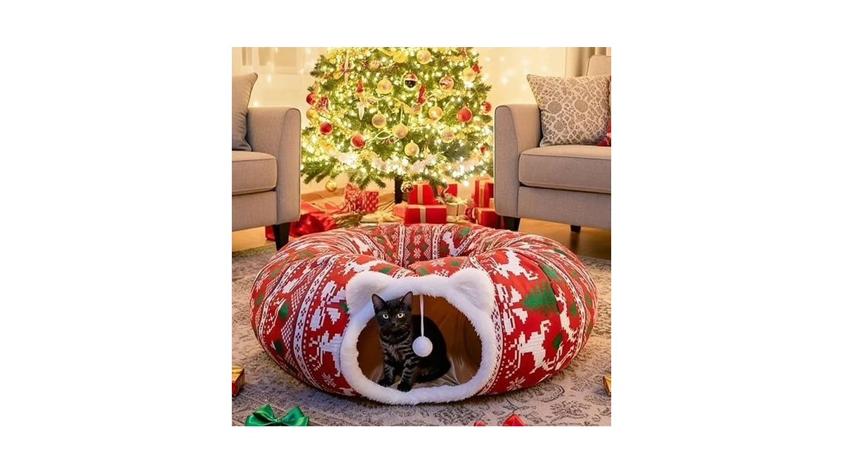 Ivyalist Cat Tunnel Christmas Tree Skirt, Ugly Sweater Cat Tunnel