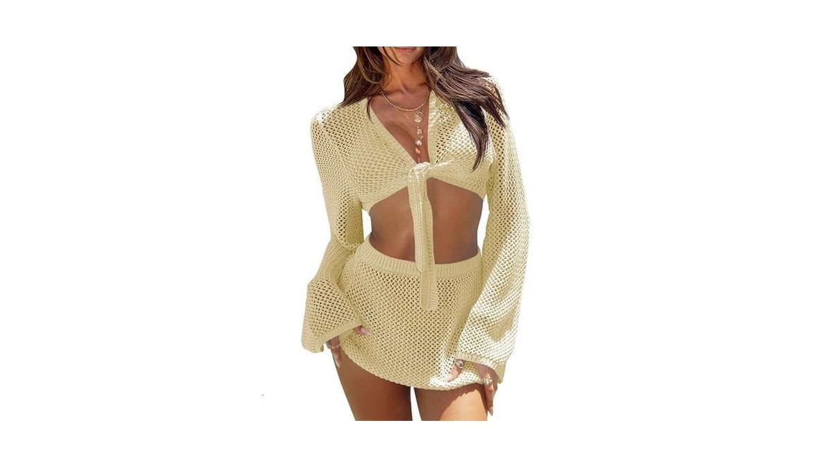 Fisoew Womens Crochet Swimsuit Coverups 2 Piece Bathing Suit Cover