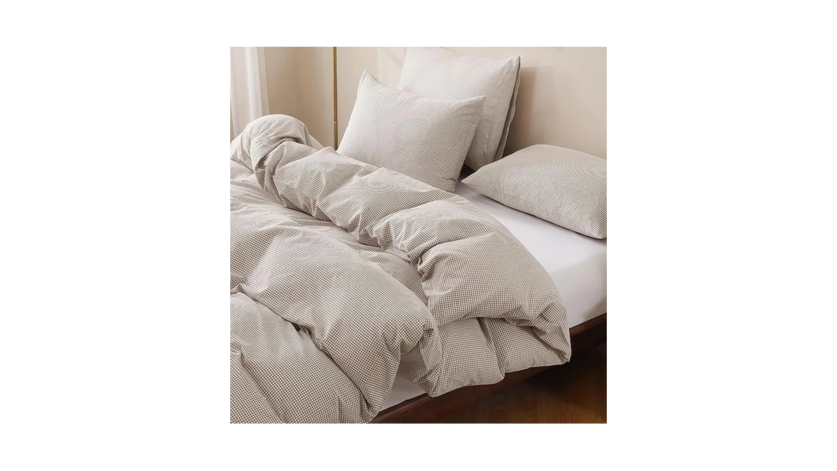 Tocomoa Mini Gingham Tan Duvet Cover Bedding Set 100% Washed