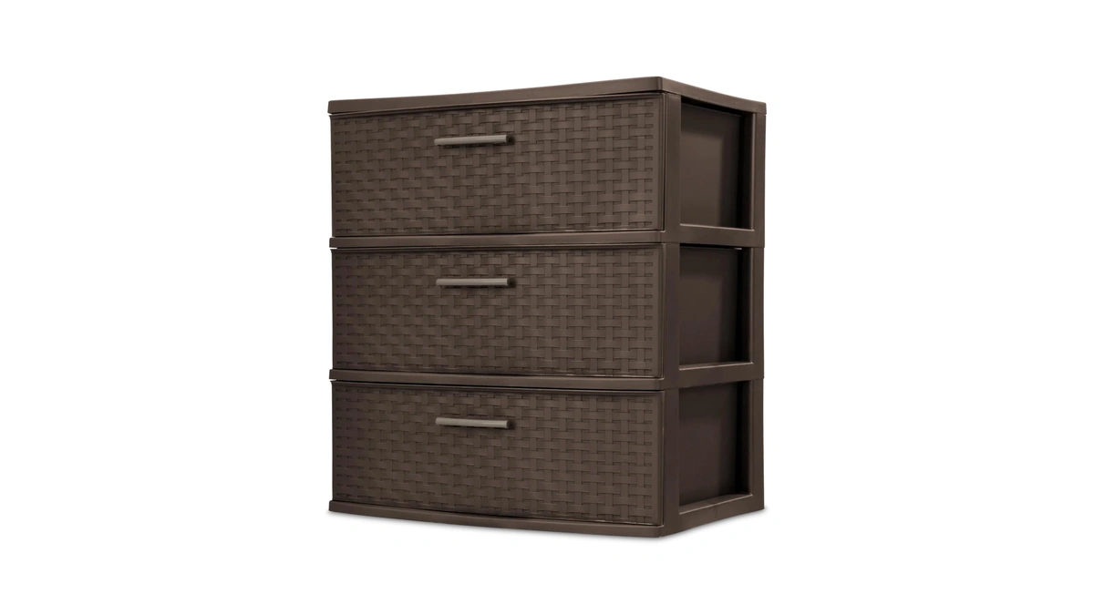 Sterilite 3 Drawer Wide Storage Tower, Plastic Weave Organizer, Espresso