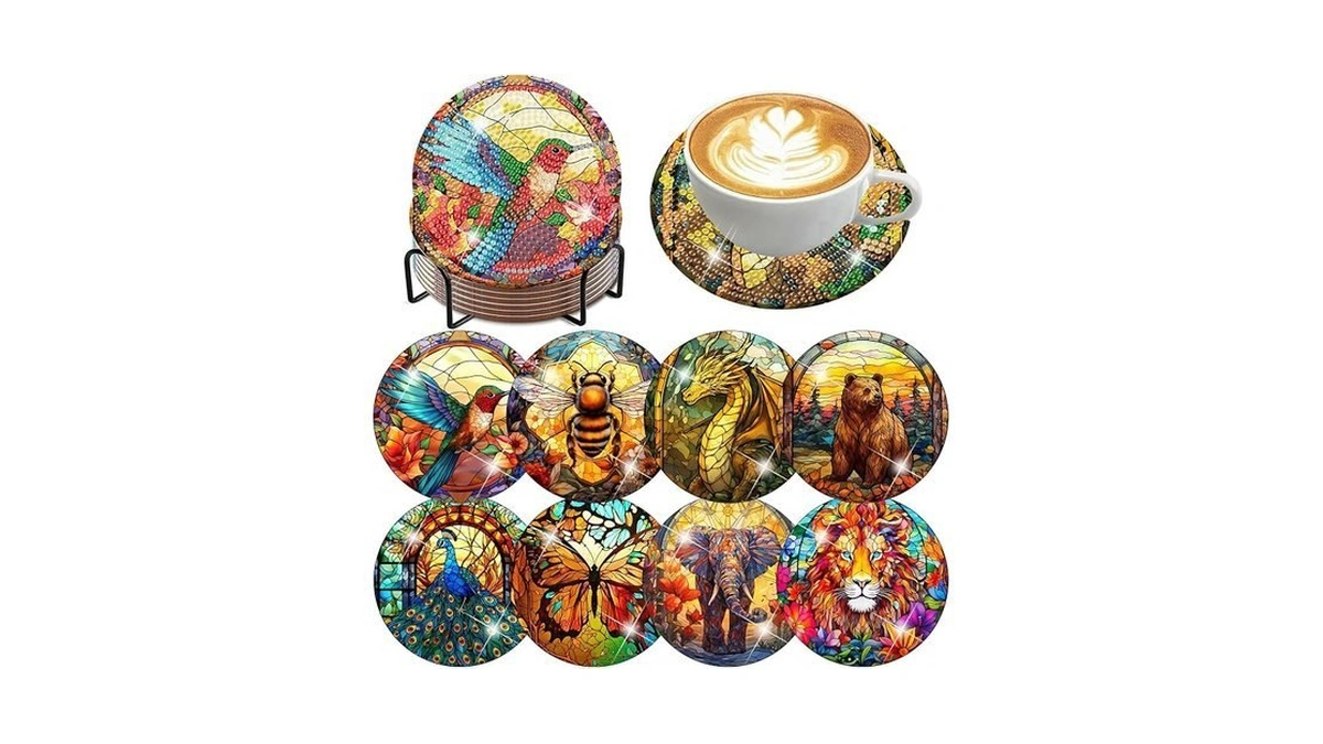 8 Pcs Diamond Art Coasters Kits With Holder Animal Diamond