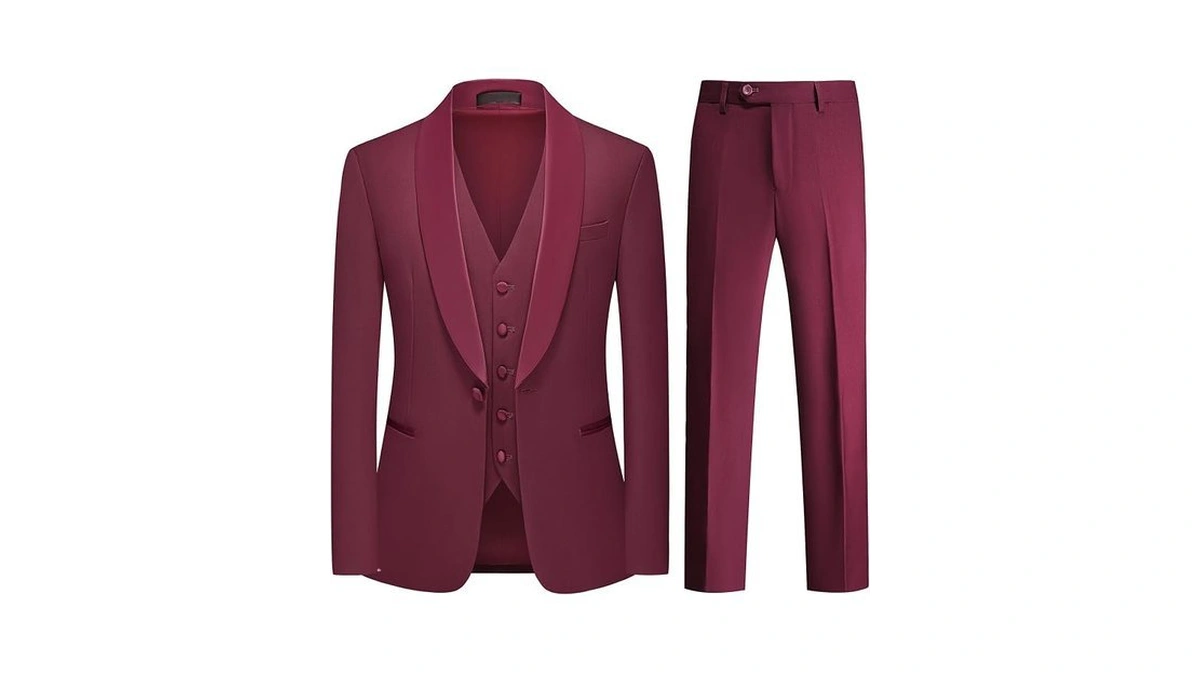 Men's Burgundy Suit Slim Fit 3 Piece Tuxedo Shawl Collar
