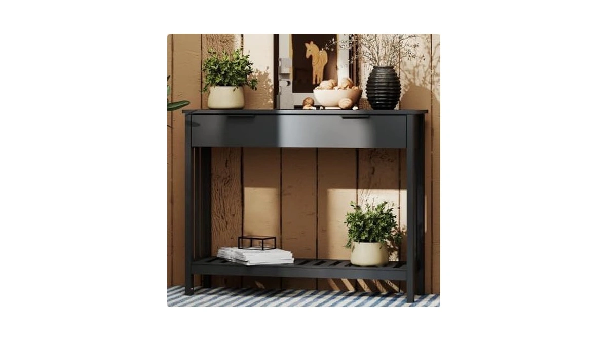 Taohfe Black Narrow Console Table With Drawer Storage Shelf, Modern