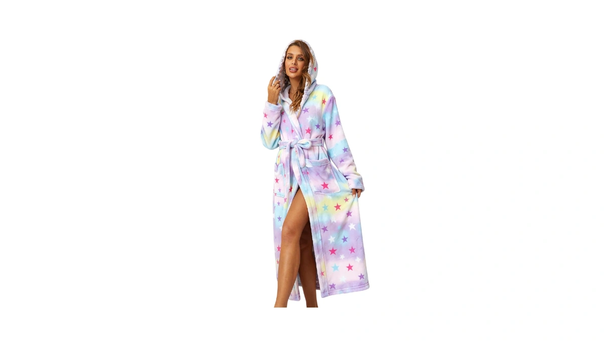 Rongtai Womens Robes Plush Fleece Hooded Bathrobe Thick Nightgown With