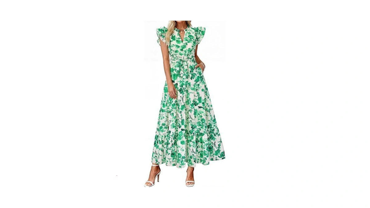 Dowerme Women Summer Maxi Dresses 2026 Ruffle Sleeve V Neck