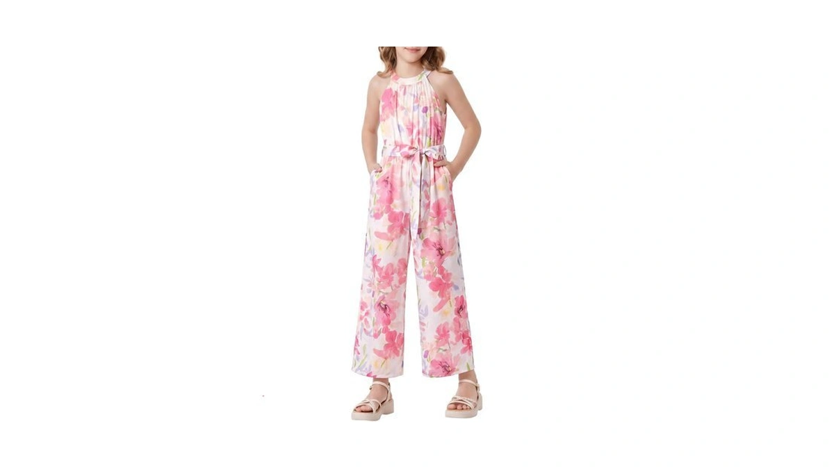 Grace Karin Girls Floral Jumpsuit Kids Halter Summer Belted Romper