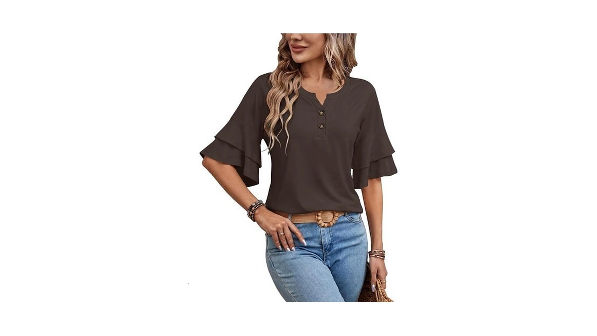 Xosini Womens Blouses 3/4 Sleeve Tops V Neck With Button
