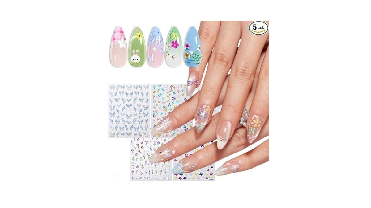 Modelones Flower Nail Stickers, 3d Embossed Colorful Floral Daisy Heart