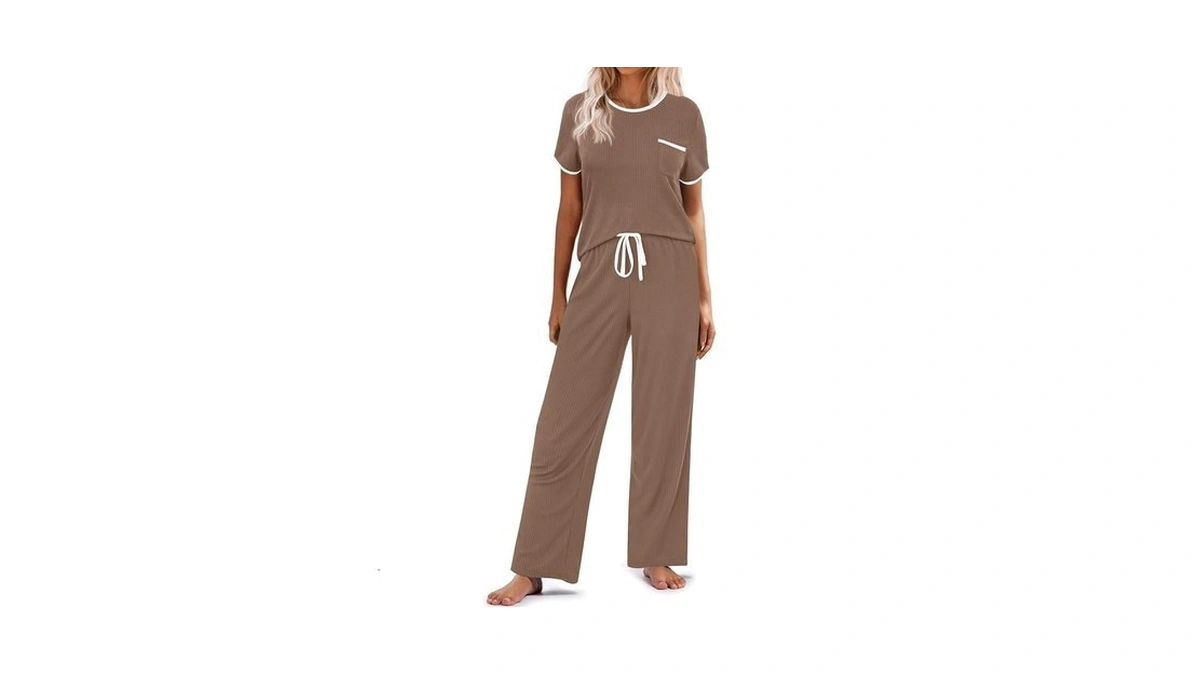 Ekouaer Women Lounge Pajamas Sets Ribbed Knit Pj Short Sleeve