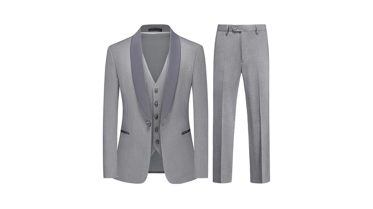 Men's Light Grey Suit Slim Fit 3 Piece Tuxedo Shawl