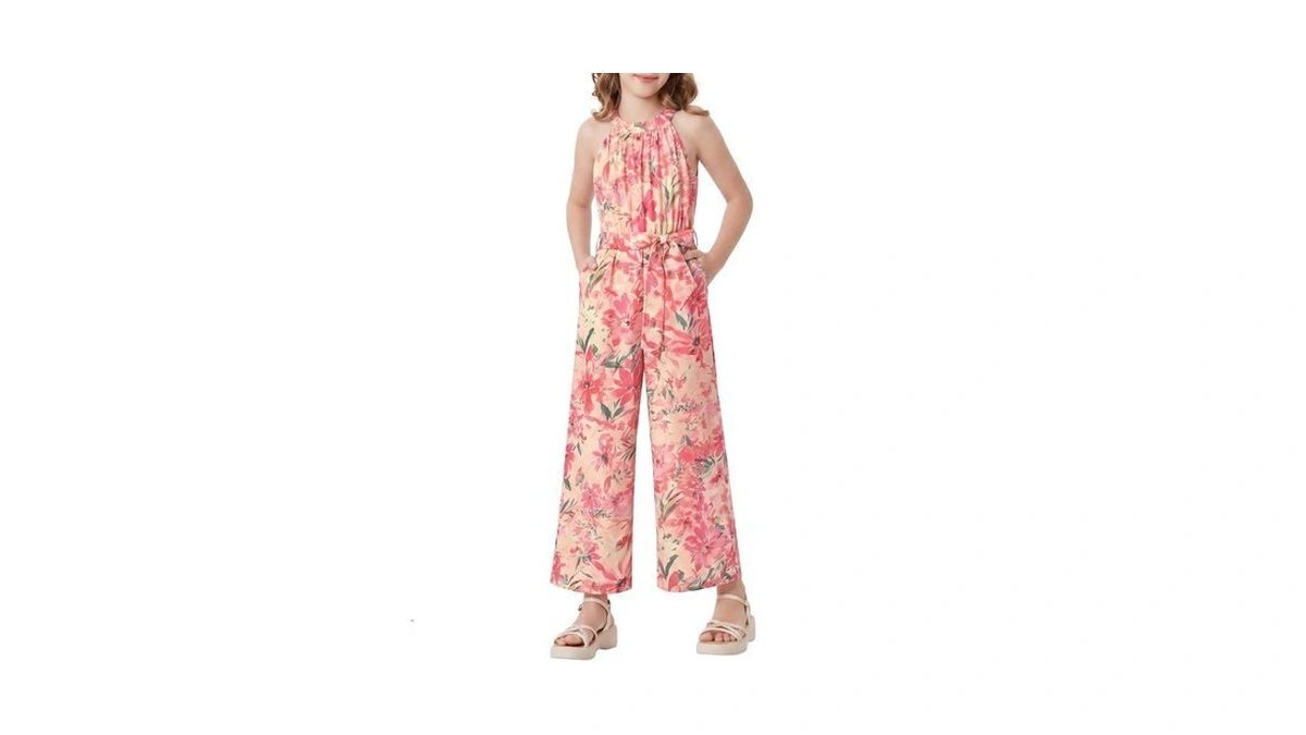 Grace Karin Girls Floral Jumpsuit Kids Halter Summer Belted Romper