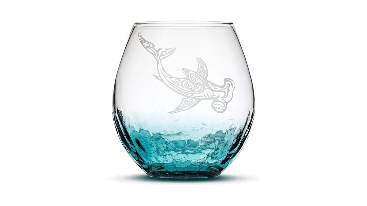 Integrity Bottles Tribal Hammerhead Shark, Stemless Wine Glass, Handmade, Handblown,