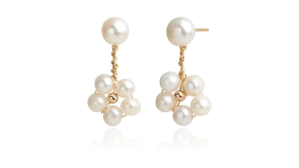 Handmade Wire Craft Freshwater Cultured Pearls Flower Dangle Drop Earrings