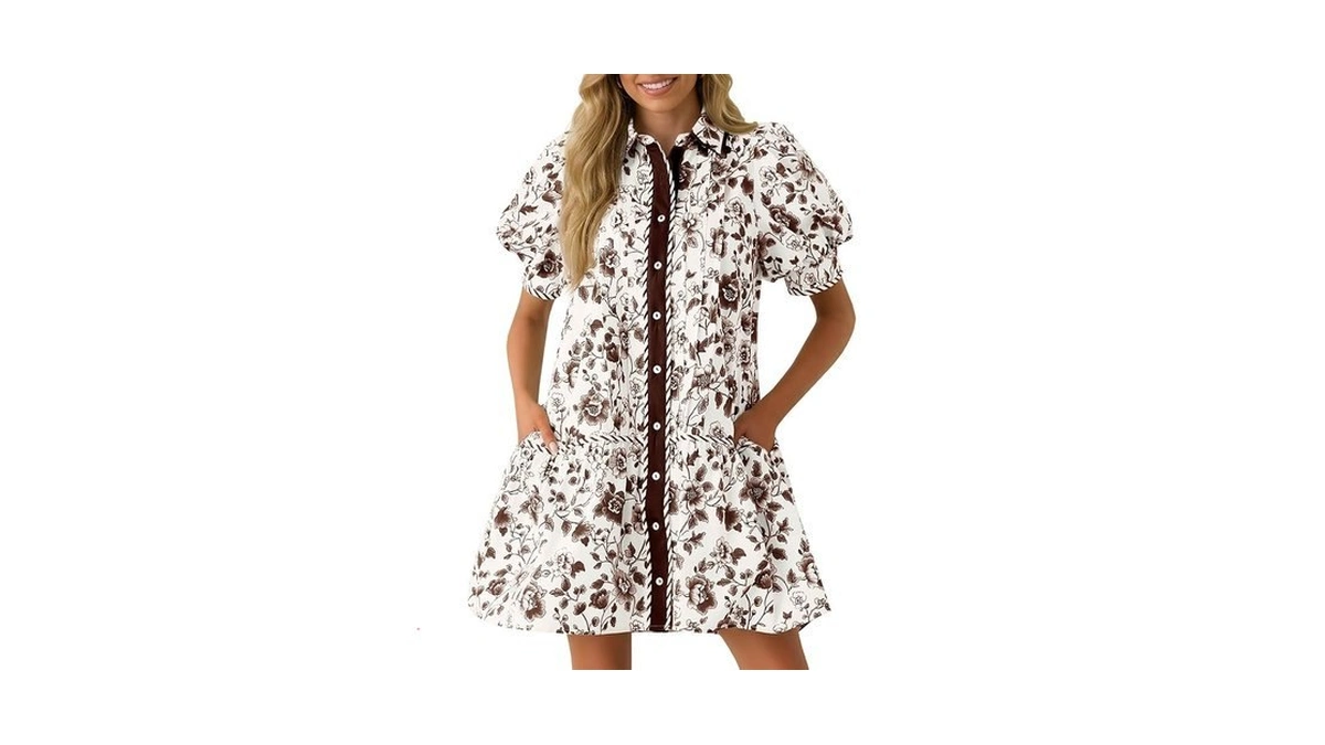 Wenrine Womens Mini Dress Summer Casual Short Puff Sleeve Floral