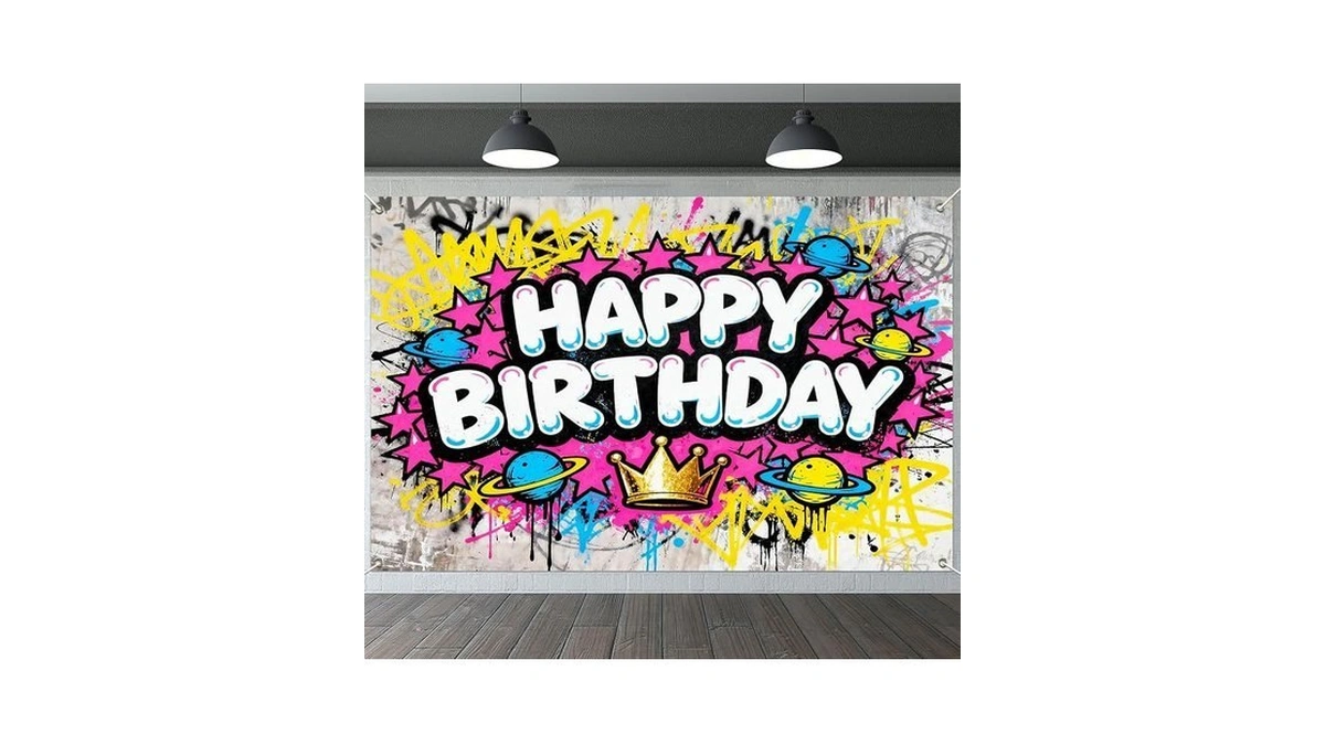Ivn Birthday Decoration Banner Urban Graffiti Crown Theme Backdrop 71x43