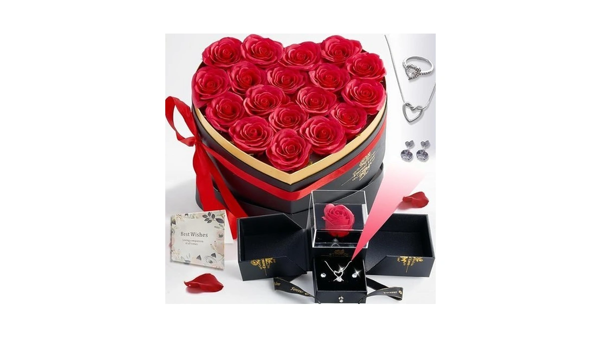 Artificial Forever Preserved Flowers Box & Preserved Roses With Necklace