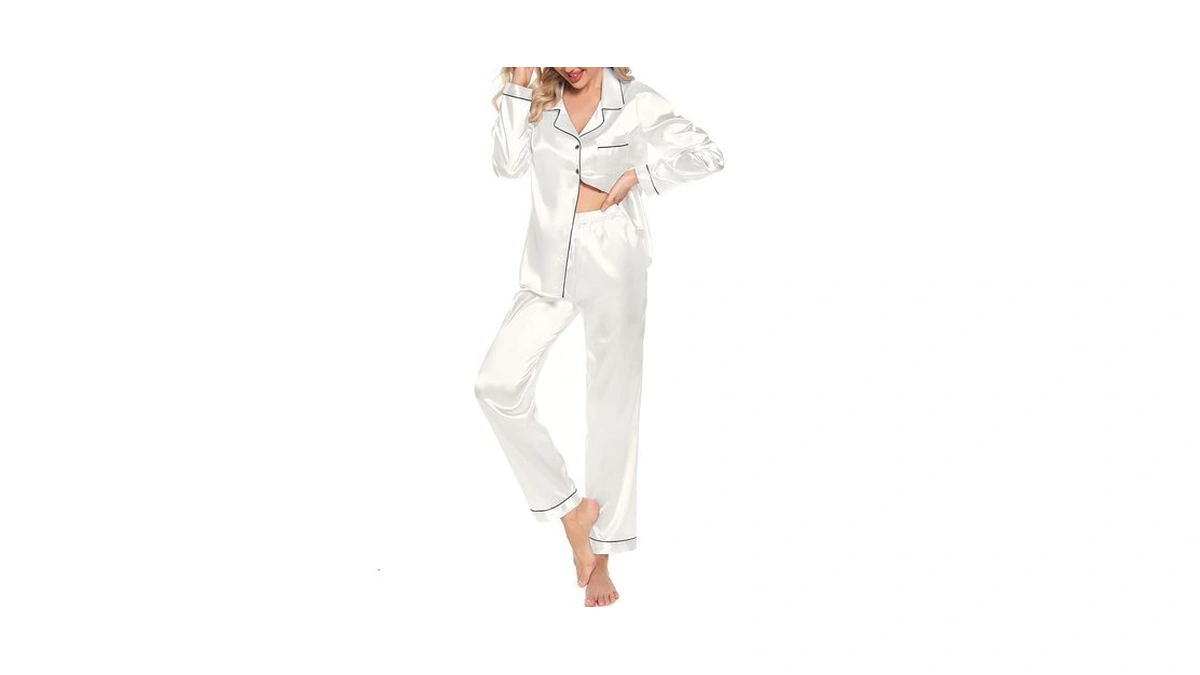 Samring Women's Sleepwear Satin Long Sleeve Button Down Shirt And