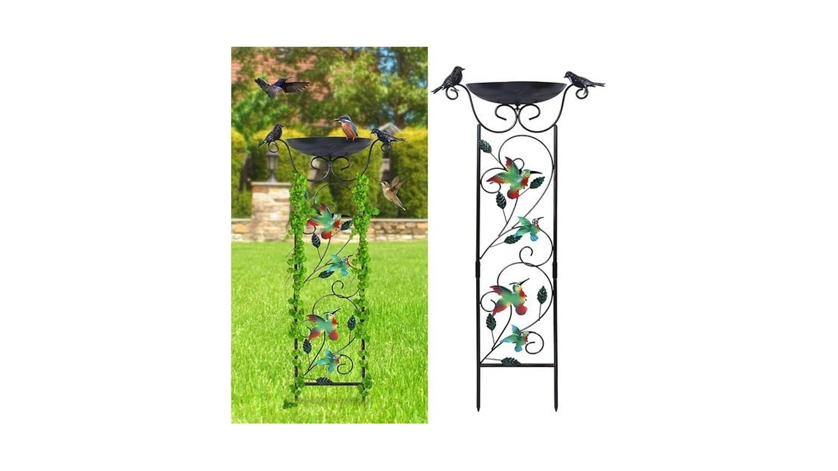 Hogardeck 35” Metal Bird Bath With Garden Trellis For Climbing