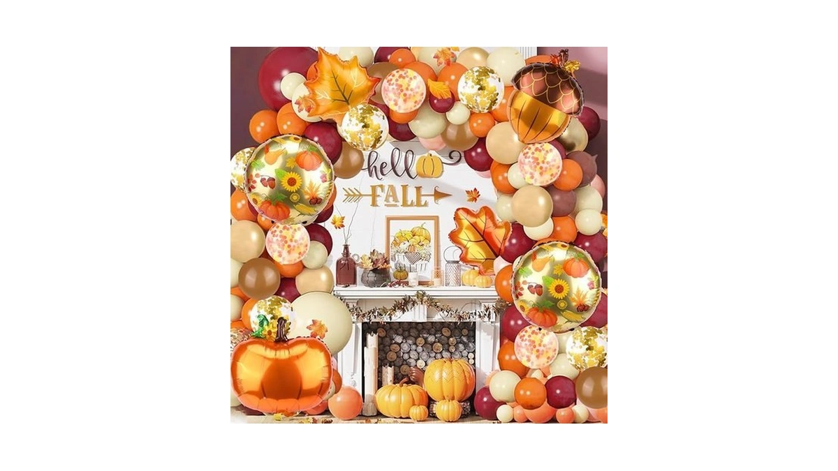 141pcs Fall Confetti Balloons, Huge Pumpkin Maple Leaf Pine Nuts