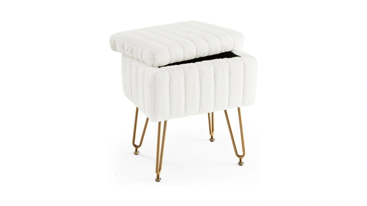 Sweetcrispy Vanity Stool Chair With Storage, Ottoman Faux Fur Soft