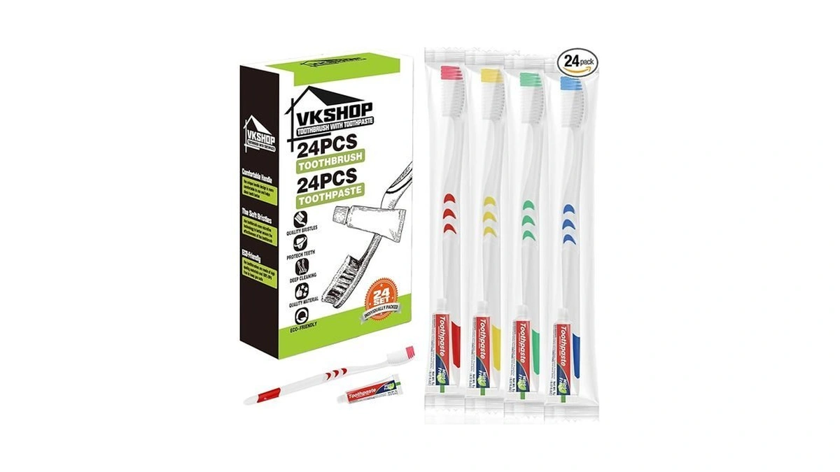 Vkshop 24 Pack Disposable Toothbrush With Toothpaste, Individually Wrapped Travel