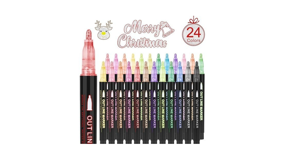 Olingyou 24 Pack Double Line Outline Markers, Squiggles Shimmer Markers