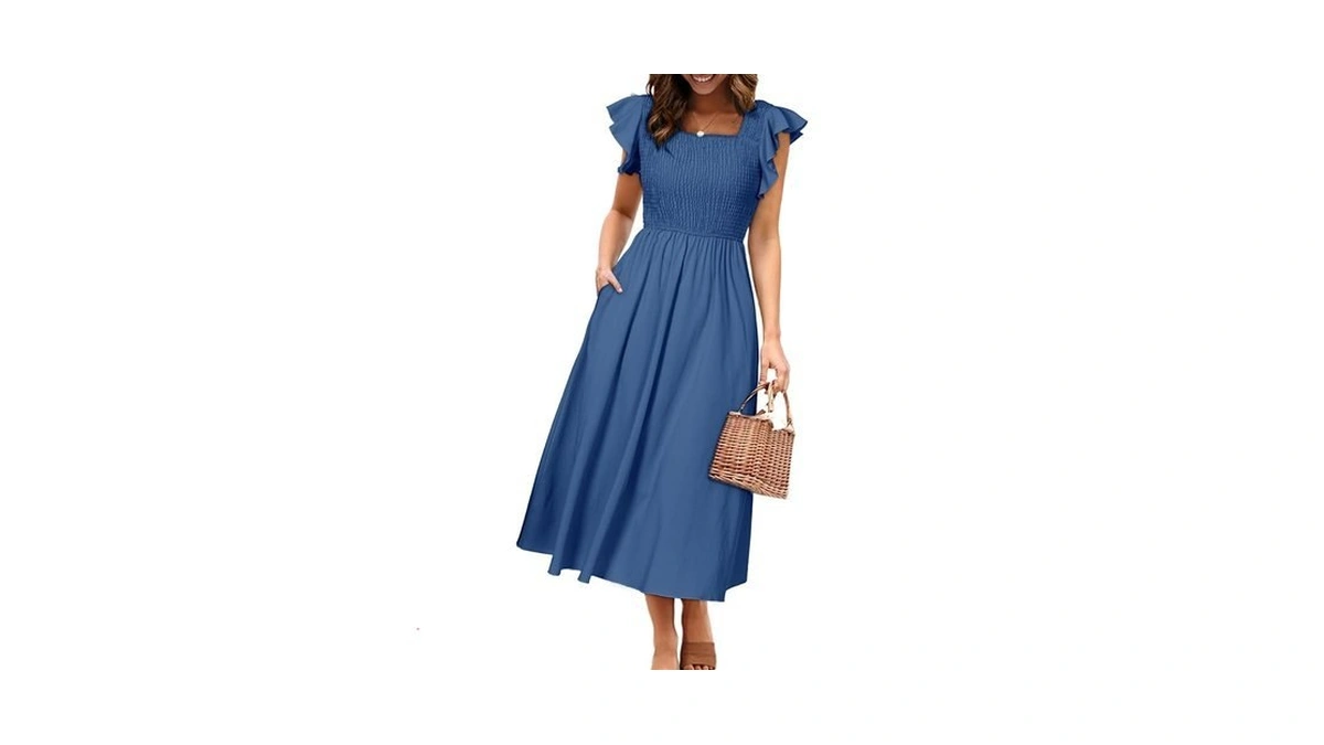 Miessial Womens Summer Smocked Midi Dress Casual Square Neck A