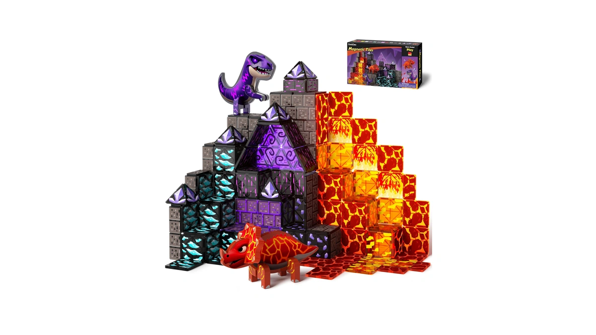 Gobidex Dinosaur Toys Magnetic Tiles Lava Cave Dinosaur World Set