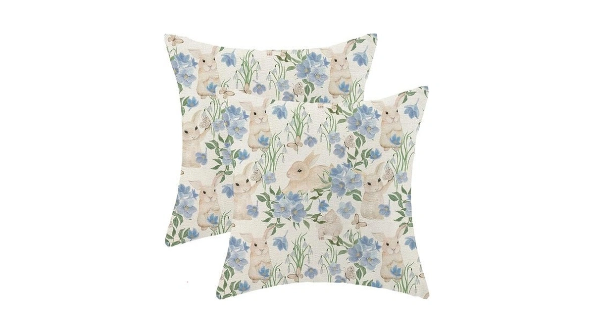 Sorktse Easter Pillow Covers 18x18 Inch Blue Floral Easter Bunny