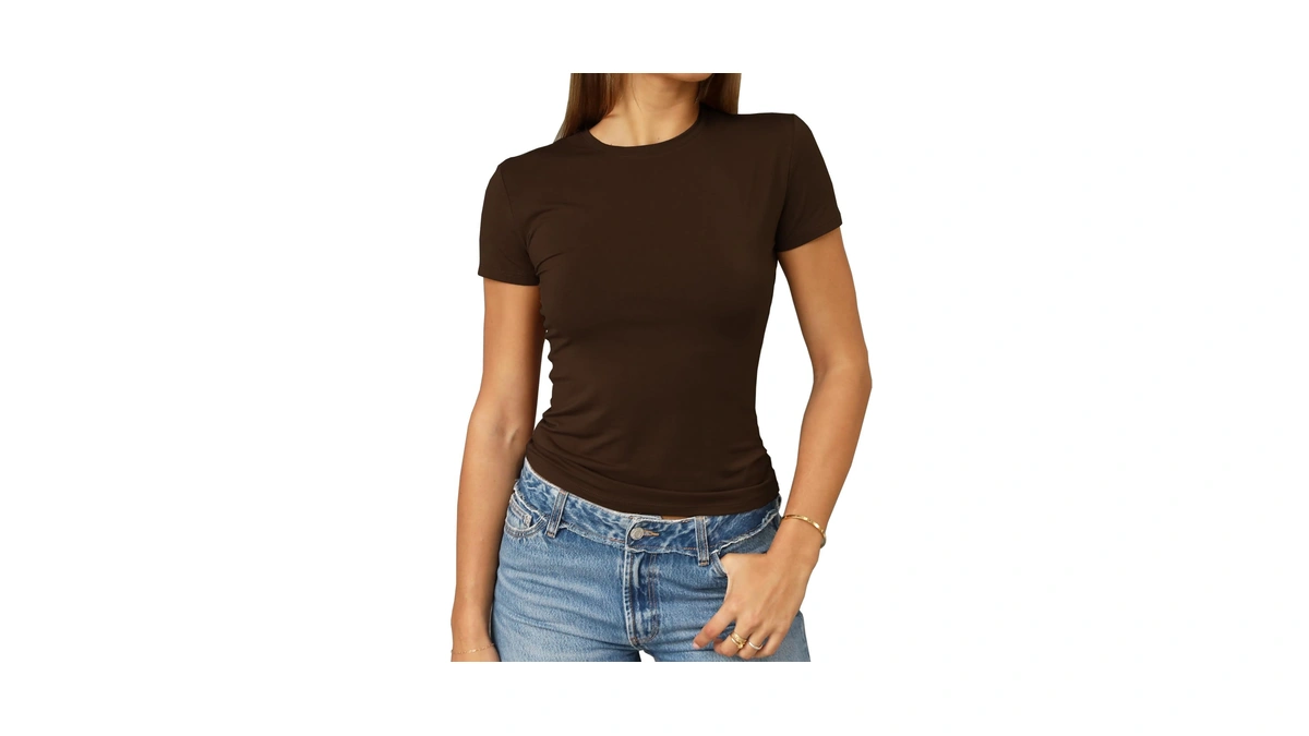 Abardsion Women's Casual Basic Slim Fit T Shirts Deep Brown