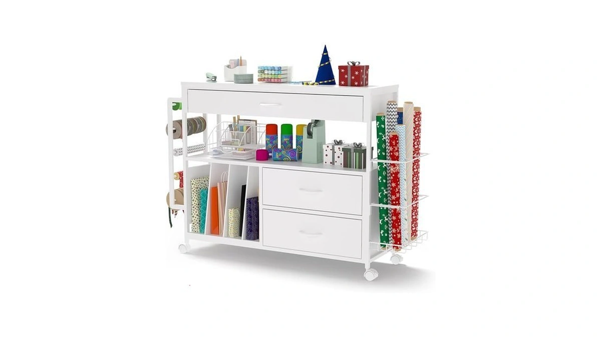 Anrigeail Wrapping Paper Storage & Organizer, Craft Cart With Ribbon