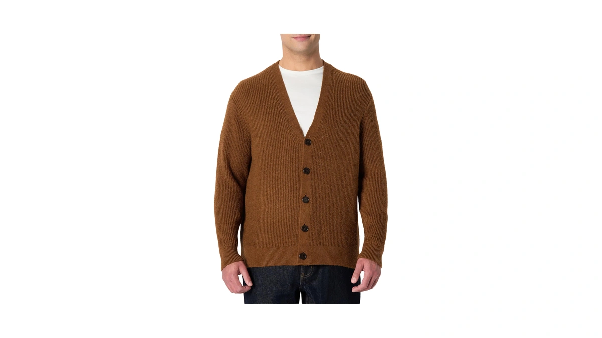 Amazon Essentials Men's Relaxed-fit Cotton Blend Cardigan, Caramel Heather, Large