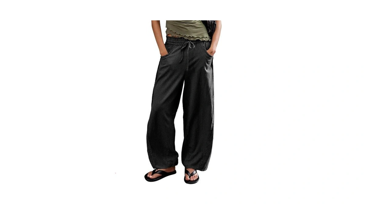 Ziqoty Women's Striped Barrel Pants Drawstring Waist Wide Leg Trousers