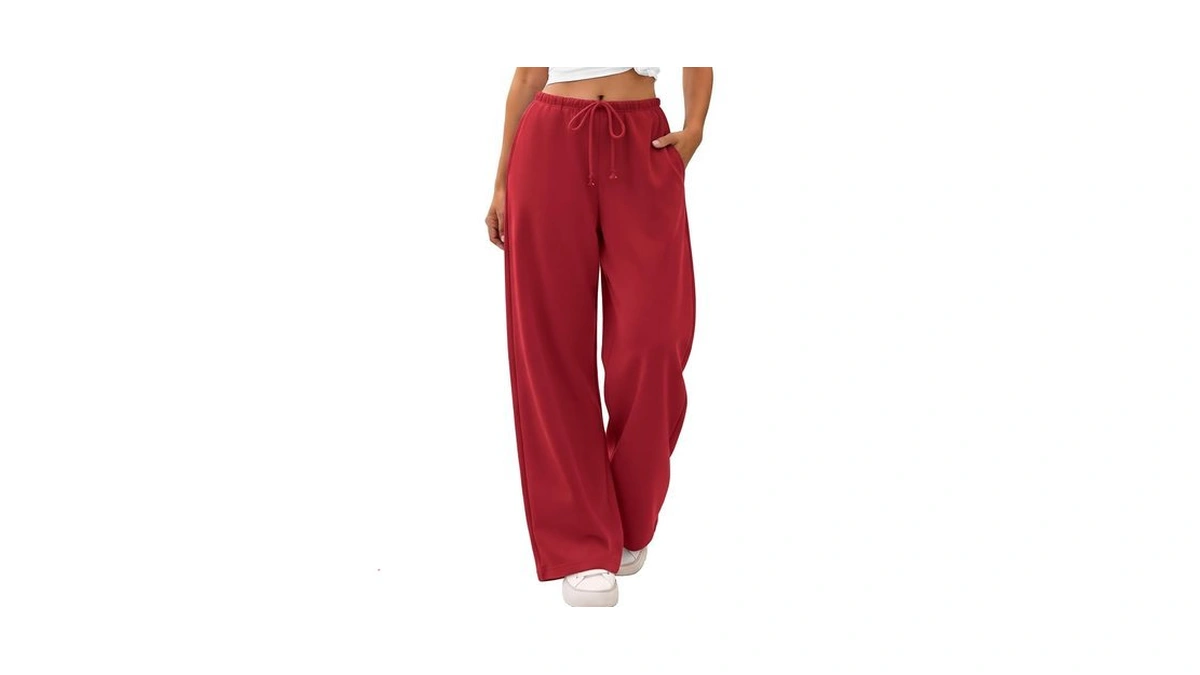 Athmile Womens Red Wide Leg Sweatpants Long Straight Streetwear Drawstring