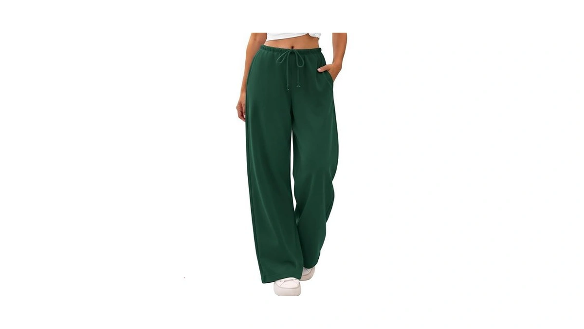 Athmile Womens Green Wide Leg Sweatpants Long Straight Streetwear Drawstring