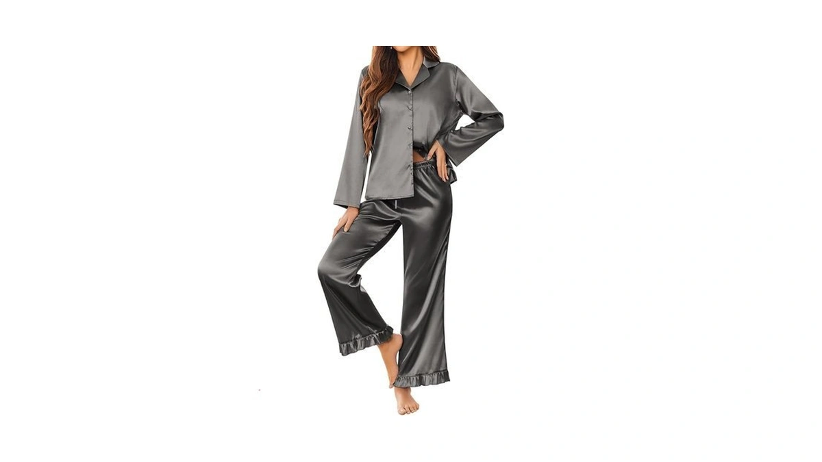 Ekouaer Silk Satin Pajamas Set Womens Long Sleepwear Button Down