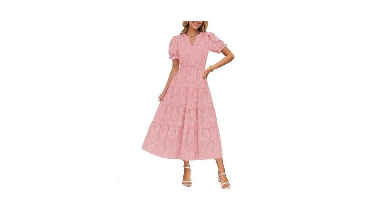 Zesica Womens 2025 Summer Puff Short Sleeve Midi Dress Floral