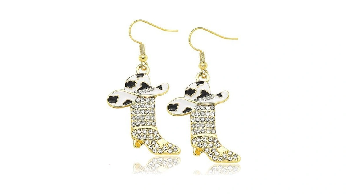Rhinestone Western Golden Color Boots Earrings Cowgirl Cowboy Enamel Hat