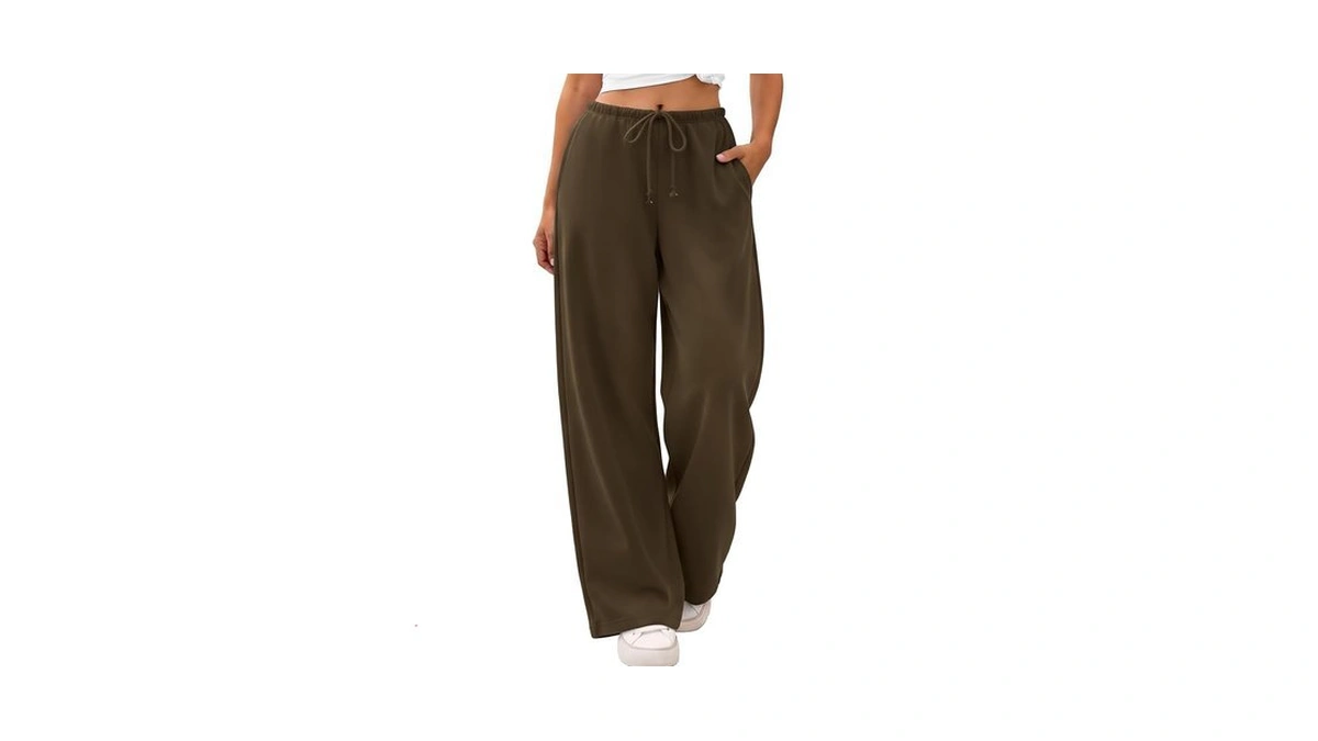 Athmile Womens Brown Wide Leg Sweatpants Long Straight Streetwear Drawstring