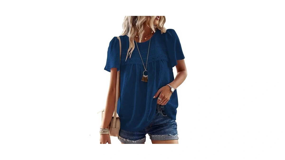 Poetsky Ladies Crewneck Short Sleeve Lace Crochet Flowy Loose Dressy